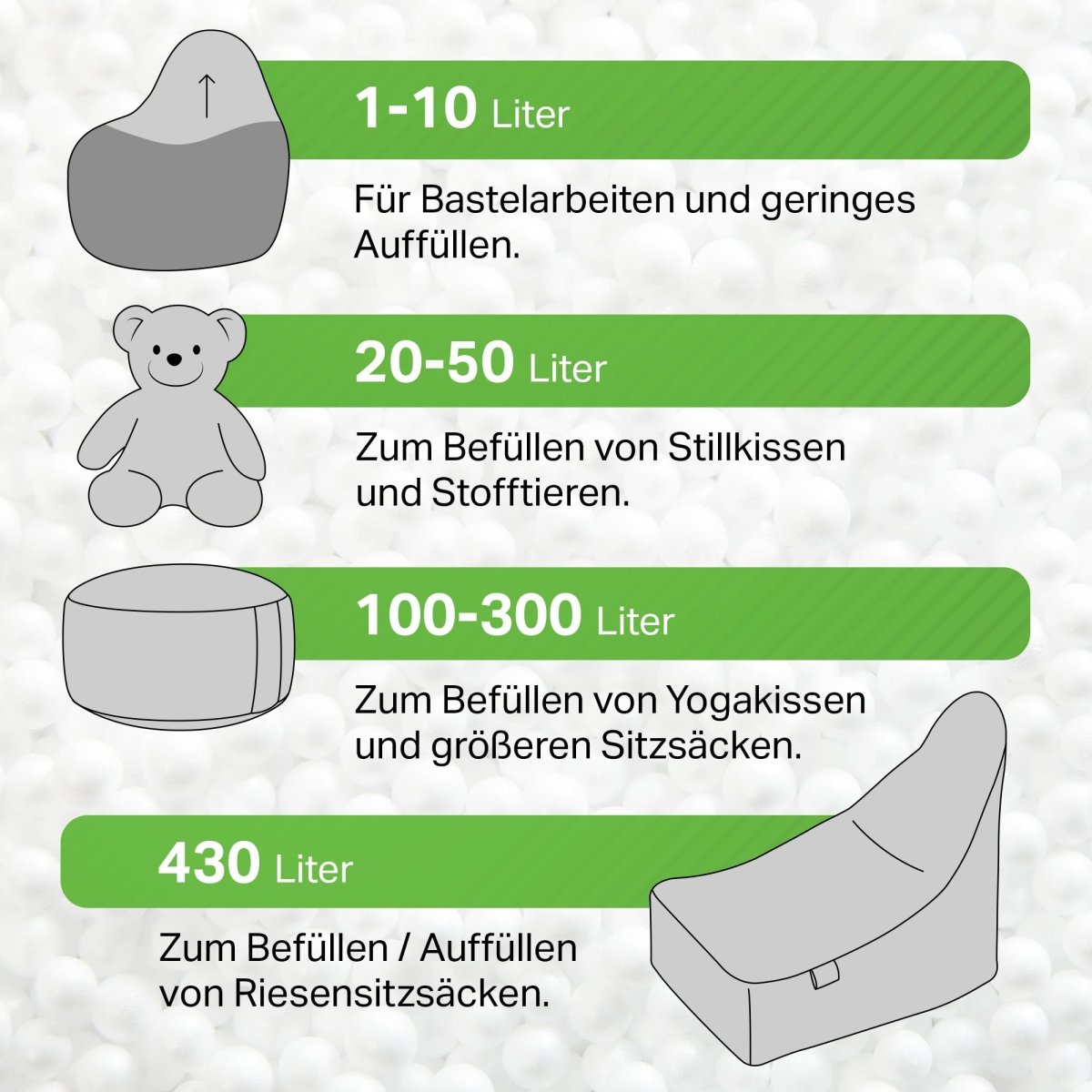 EPS Perlen ab 1 Liter bis 430 Liter: Füllung für Sitzsäcke, Stillkissen, DIY-Projekte & mehr - sitzsack-shop