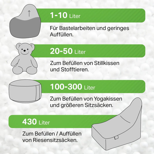 EPS Perlen ab 1 Liter bis 430 Liter: Füllung für Sitzsäcke, Stillkissen, DIY-Projekte & mehr - sitzsack-shop